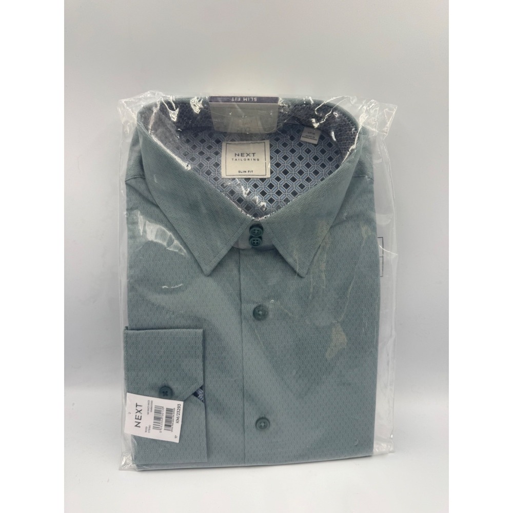 NWT Next Direct Slim Fit Easy Care Textured Trimmed Shirt Mens 17R Seafoam Green